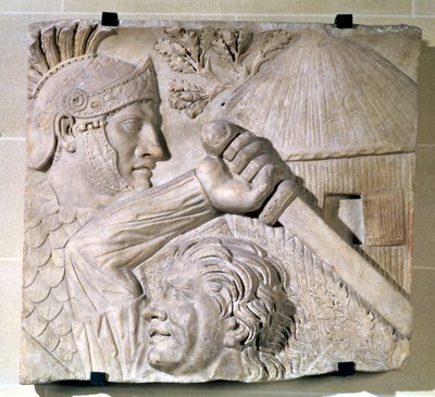 Reliëf dat een barbaar toont die vecht met een Romeinse legioensoldaat door Roman